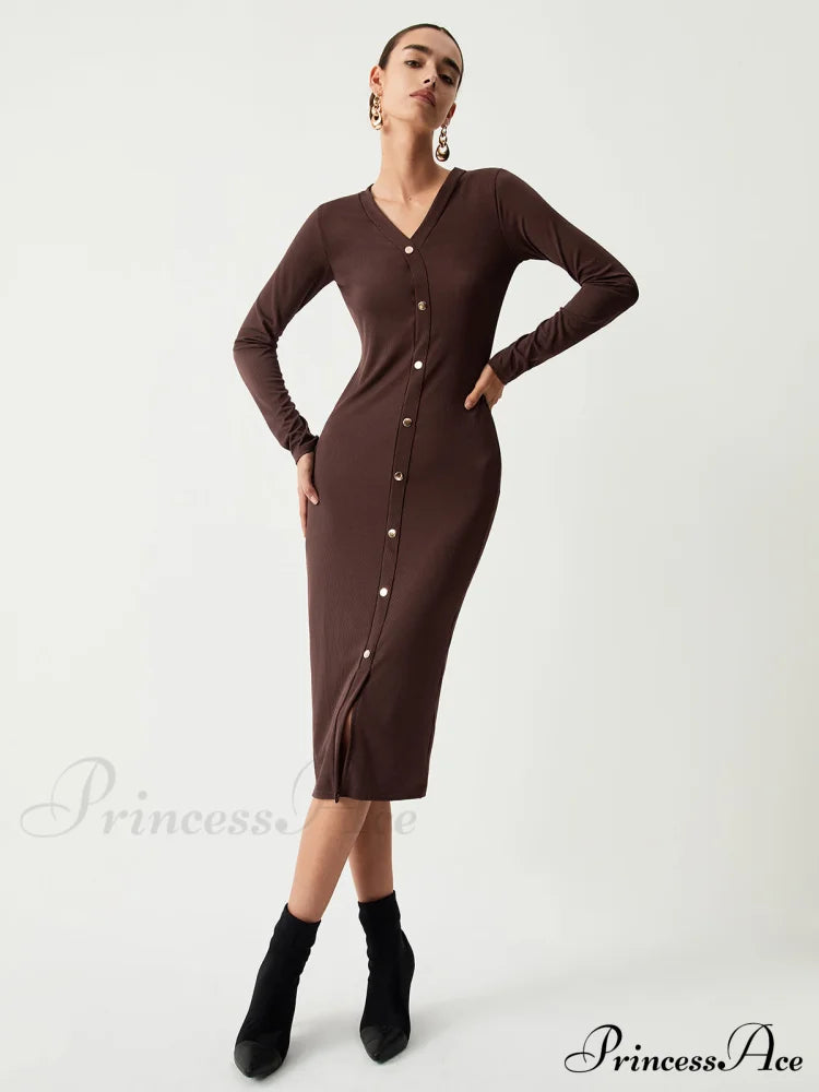 Chocolate Button Down Long Sleeve Midi Dress