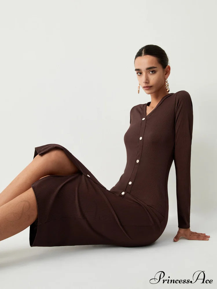 Chocolate Button Down Long Sleeve Midi Dress
