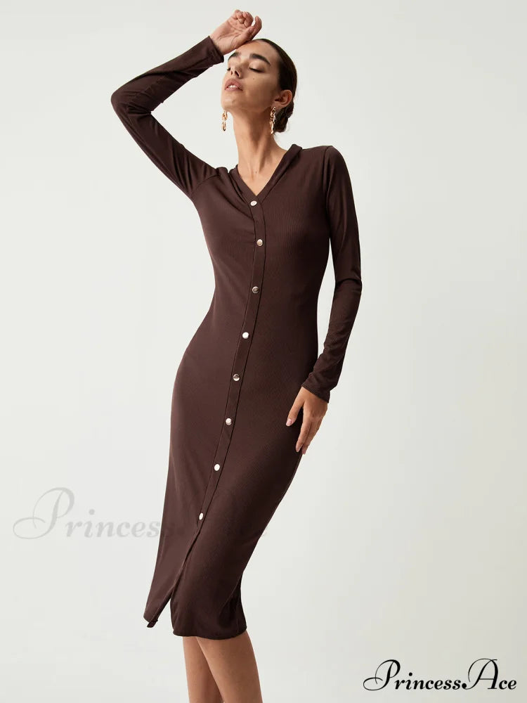 Chocolate Button Down Long Sleeve Midi Dress