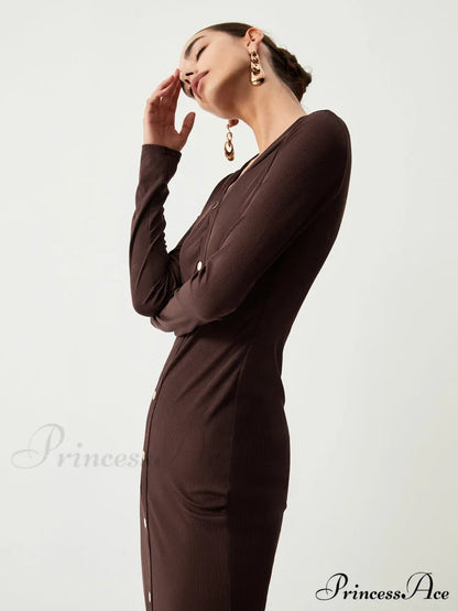 Chocolate Button Down Long Sleeve Midi Dress