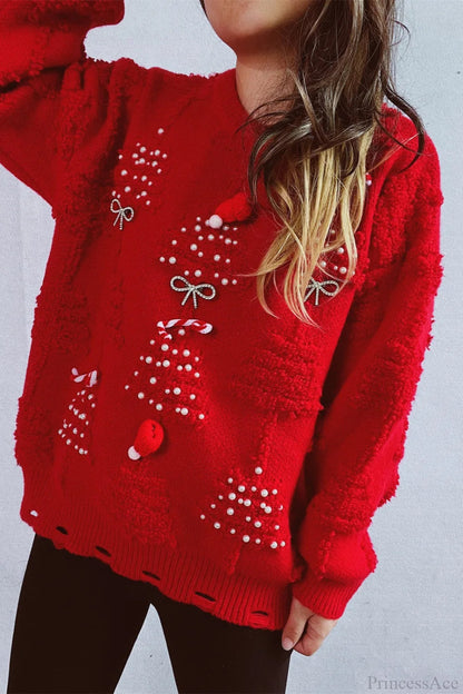 Christmas 3d Tree Pearl Flocked Sweater