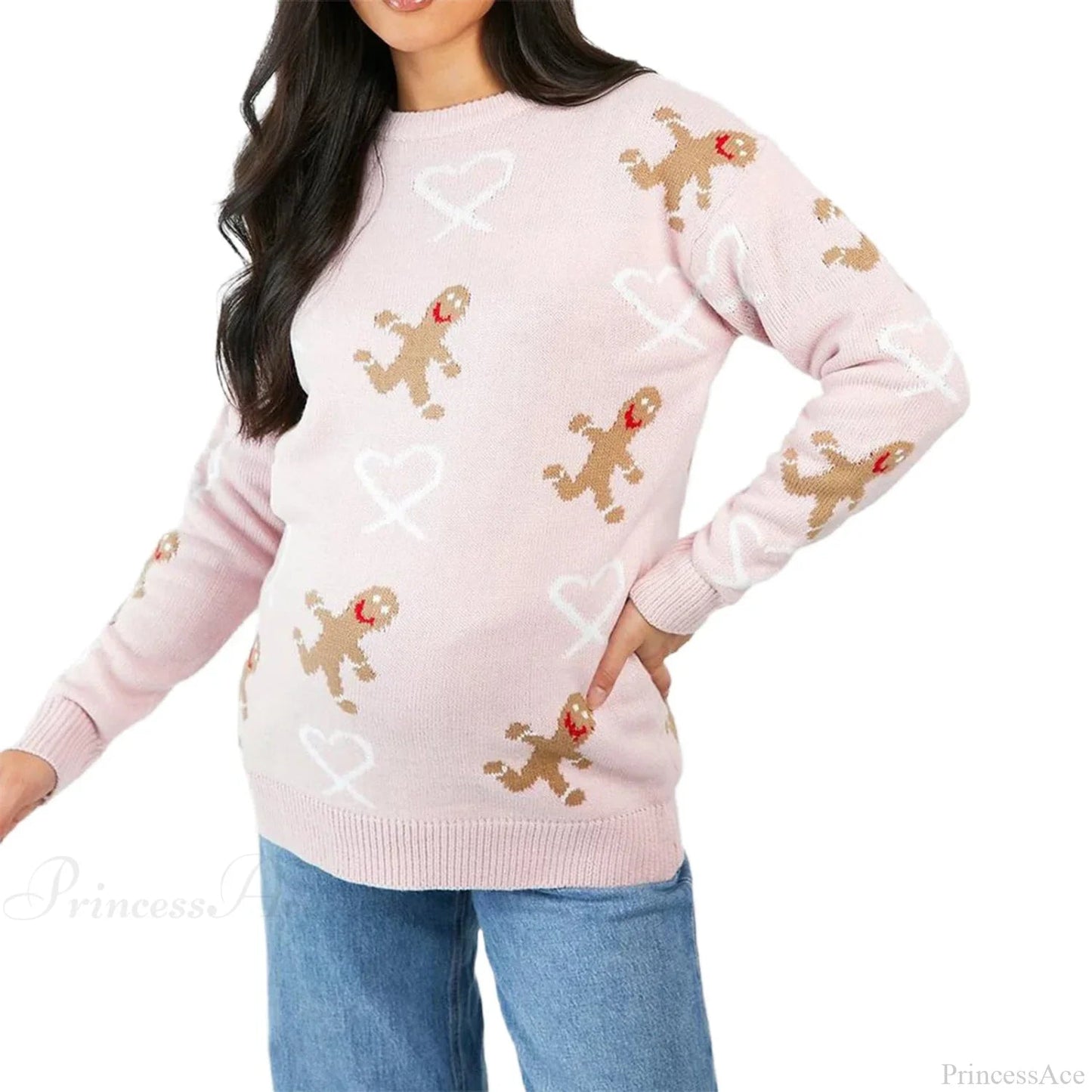 Christmas Gingerbread Print Long Sleeve Round Neck Loose Christmas Sweater