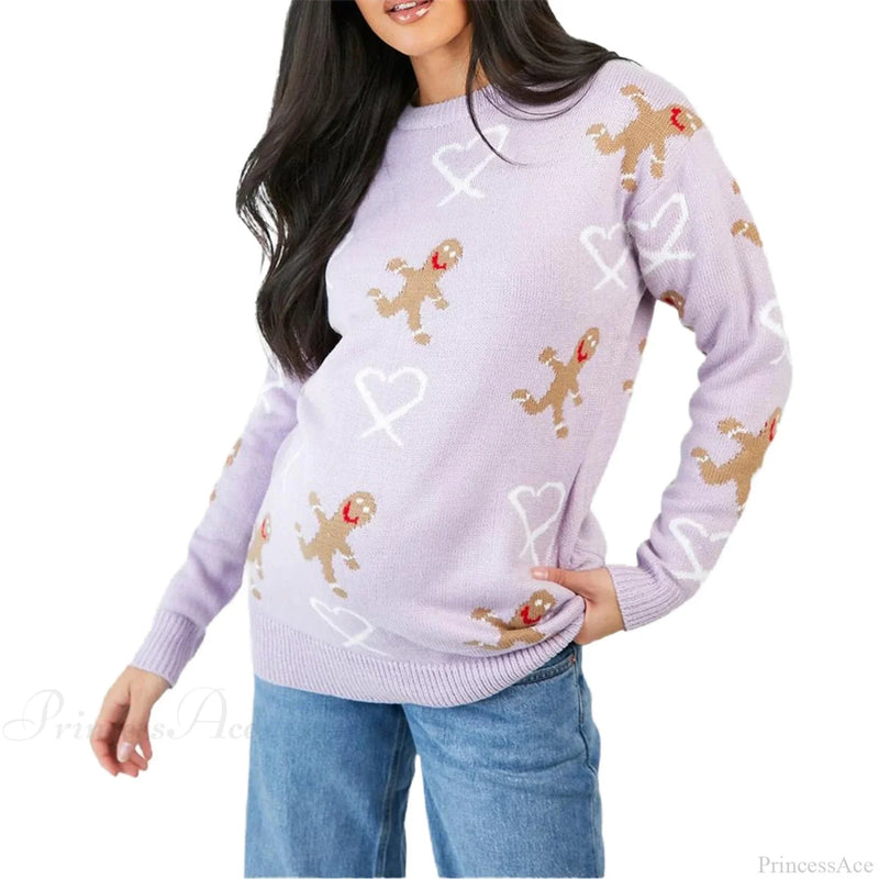 Christmas Gingerbread Print Long Sleeve Round Neck Loose Christmas Sweater