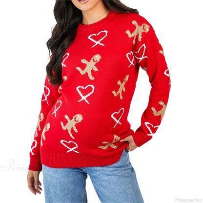 Christmas Gingerbread Print Long Sleeve Round Neck Loose Christmas Sweater