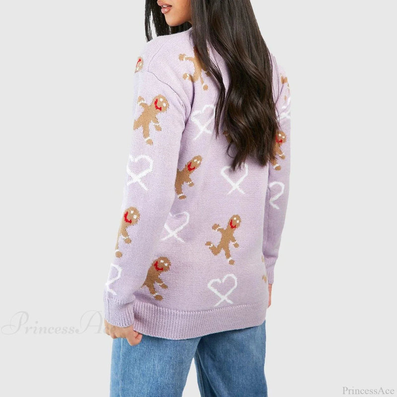 Christmas Gingerbread Print Long Sleeve Round Neck Loose Christmas Sweater