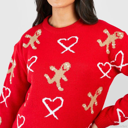Christmas Gingerbread Print Long Sleeve Round Neck Loose Christmas Sweater
