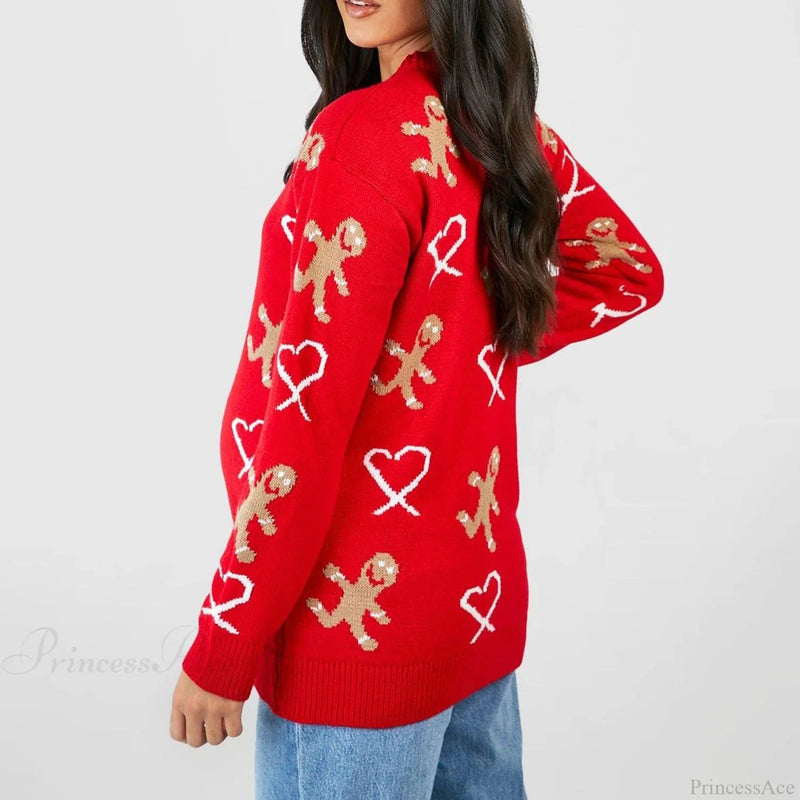 Christmas Gingerbread Print Long Sleeve Round Neck Loose Christmas Sweater