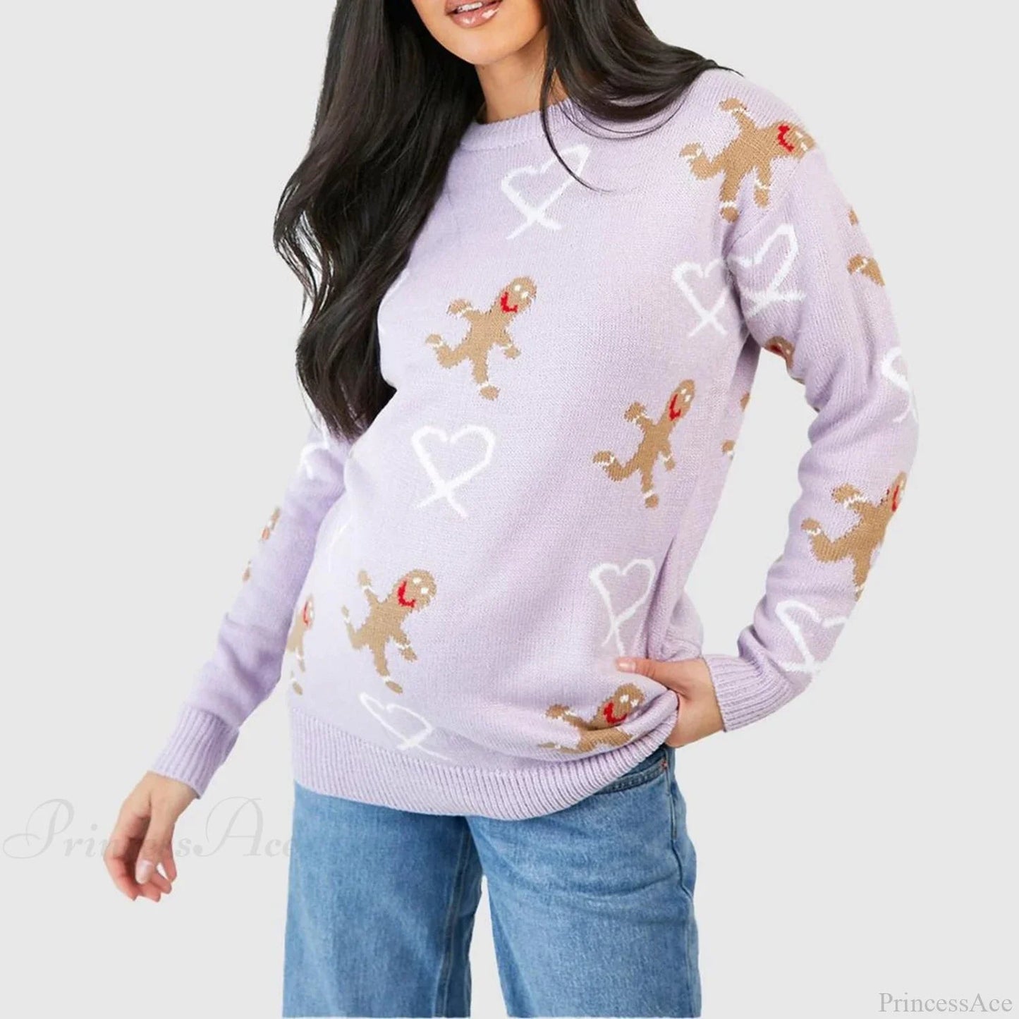 Christmas Gingerbread Print Long Sleeve Round Neck Loose Christmas Sweater