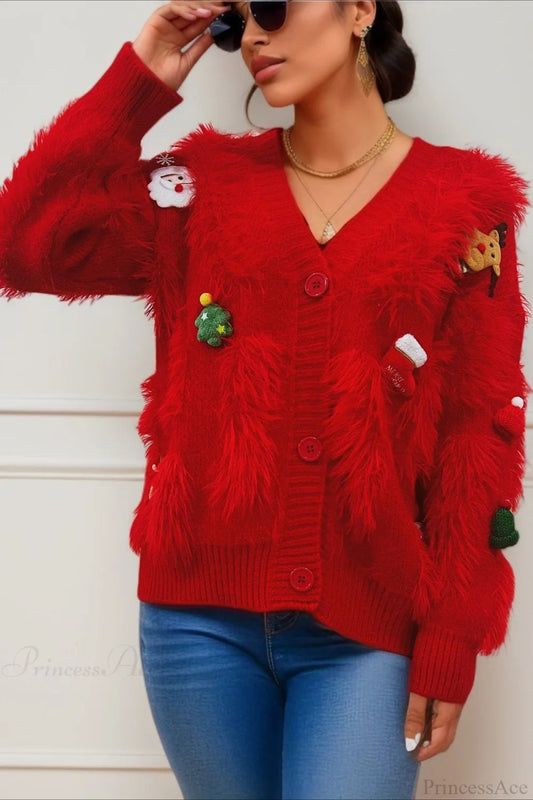 Christmas Mink Fleece 3d Trim Single-breasted Cardigan Sweater
