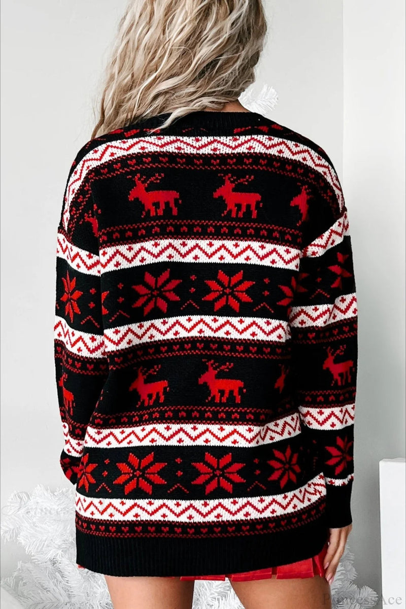 Christmas Reindeer Jacquard Folk Contrast Loose Sweater