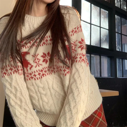 Christmas Round Neck Autumn Winter Lazy Style Loose Knitted Christmas Sweater