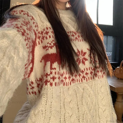 Christmas Round Neck Autumn Winter Lazy Style Loose Knitted Christmas Sweater