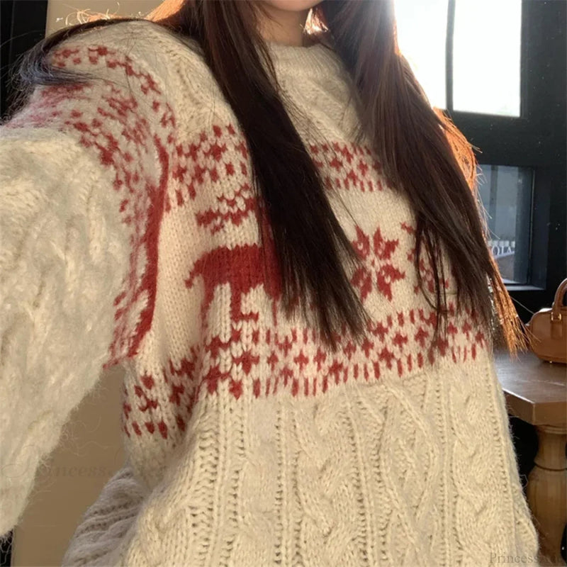 Christmas Round Neck Autumn Winter Lazy Style Loose Knitted Christmas Sweater