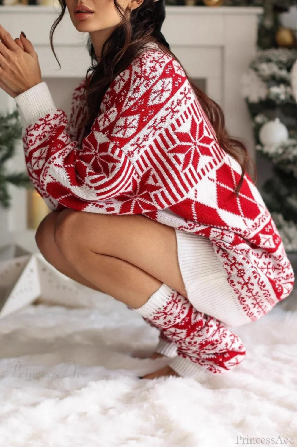 Christmas Snow Maple Round Neck Long Sweater