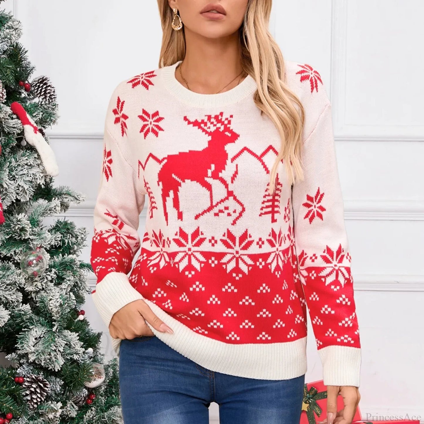 Christmas Snowflake Printed Long Sleeve O Neck Jumper Christmas Sweater