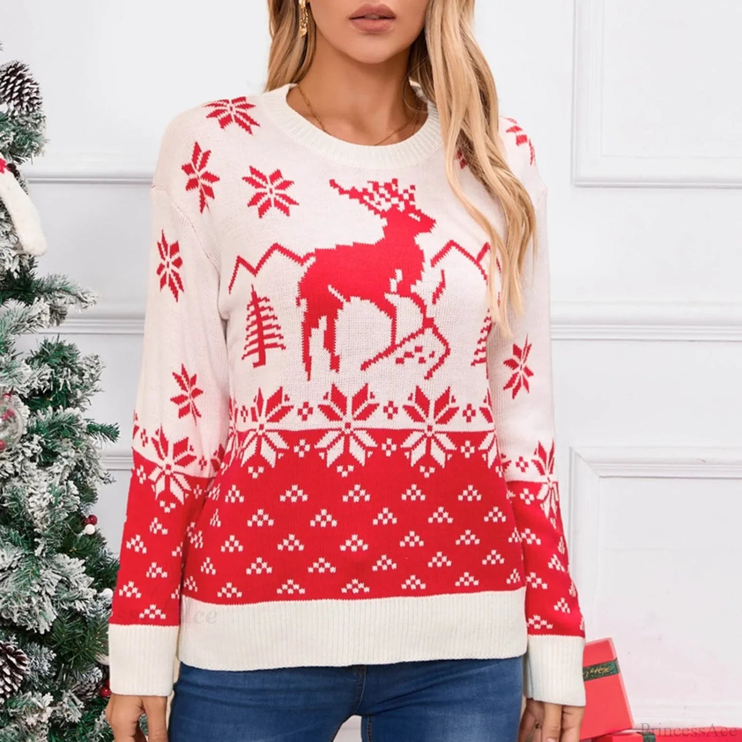 Christmas Snowflake Printed Long Sleeve O Neck Jumper Christmas Sweater