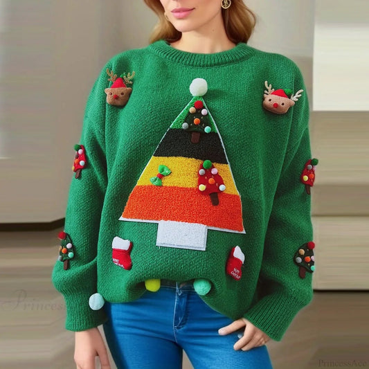 Christmas Tree Jacquard Three Decorated Round Neck Long Sleeve Fleece Christmas Sweater