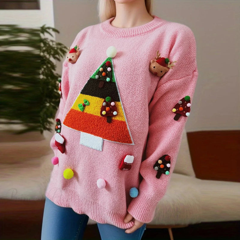 Christmas Tree Jacquard Three Decorated Round Neck Long Sleeve Fleece Christmas Sweater