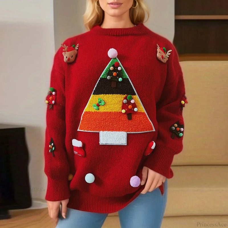 Christmas Tree Jacquard Three Decorated Round Neck Long Sleeve Fleece Christmas Sweater