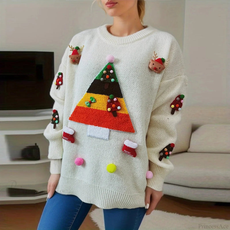 Christmas Tree Jacquard Three Decorated Round Neck Long Sleeve Fleece Christmas Sweater