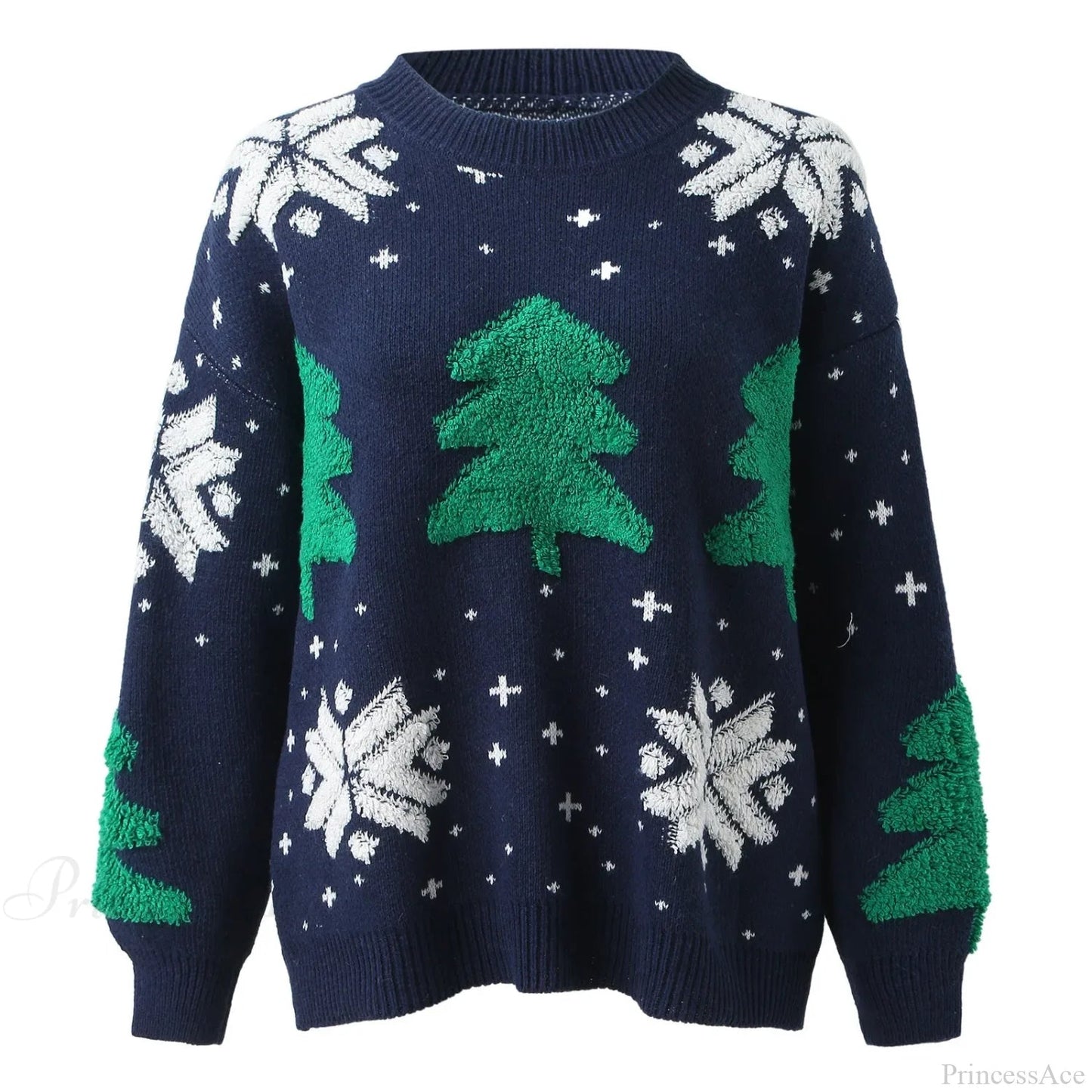 Christmas Tree Print Round Neck Long Sleeve Warm Knitwear Christmas Sweater