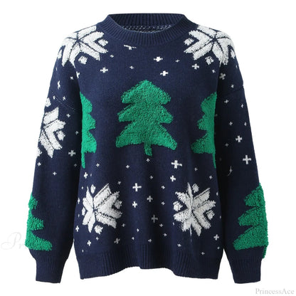 Christmas Tree Print Round Neck Long Sleeve Warm Knitwear Christmas Sweater