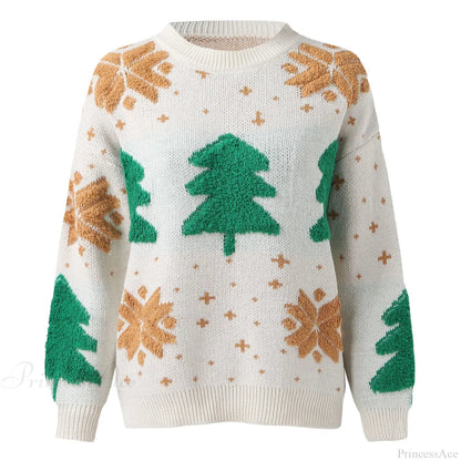 Christmas Tree Print Round Neck Long Sleeve Warm Knitwear Christmas Sweater