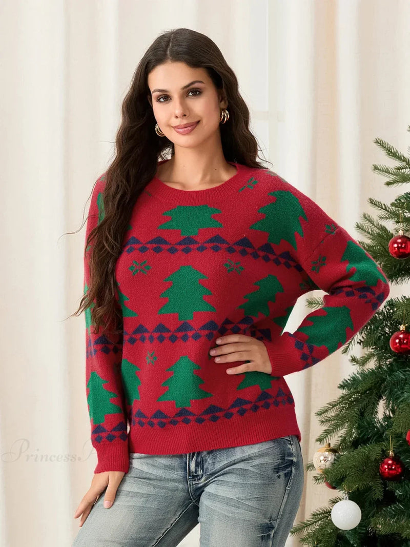 Classic Red Christmas Tree Print Loose Long Sleeve Pullover Christmas Sweater