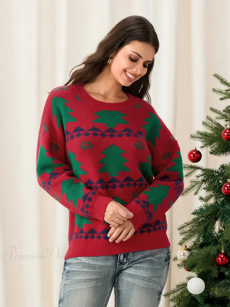 Classic Red Christmas Tree Print Loose Long Sleeve Pullover Christmas Sweater