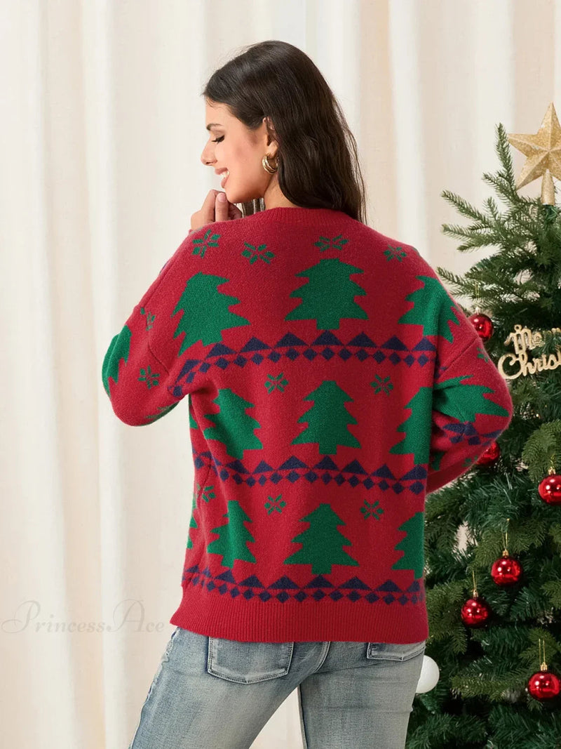 Classic Red Christmas Tree Print Loose Long Sleeve Pullover Christmas Sweater