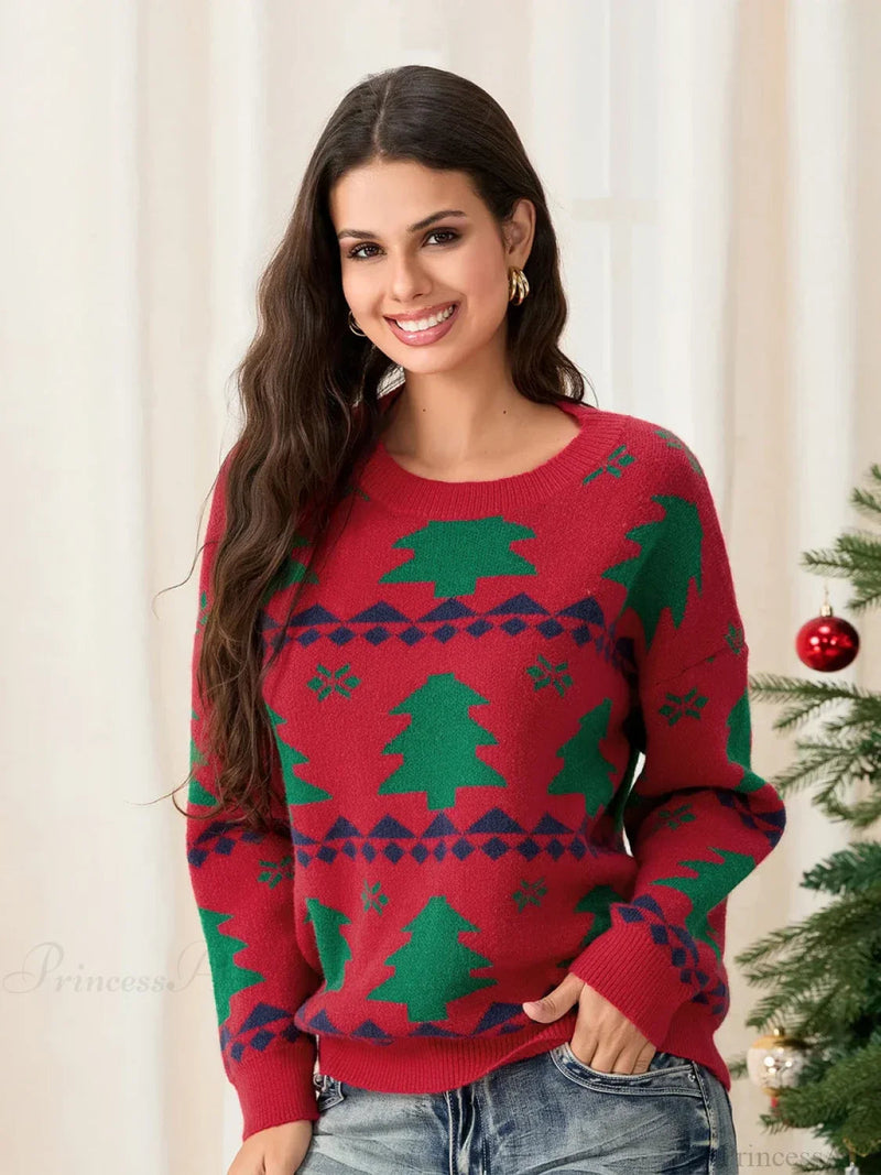 Classic Red Christmas Tree Print Loose Long Sleeve Pullover Christmas Sweater