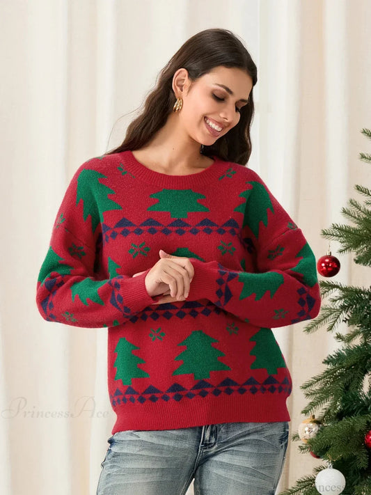Classic Red Christmas Tree Print Loose Long Sleeve Pullover Christmas Sweater