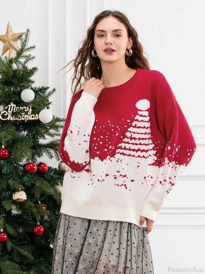 Classic Snowflake Christmas Tree Print Crew Neck Warm Pullover Christmas Sweater