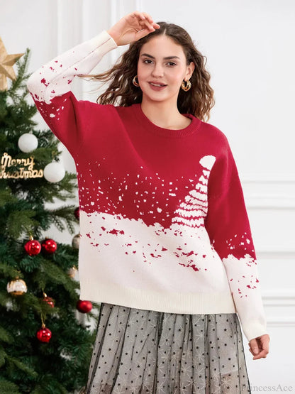 Classic Snowflake Christmas Tree Print Crew Neck Warm Pullover Christmas Sweater