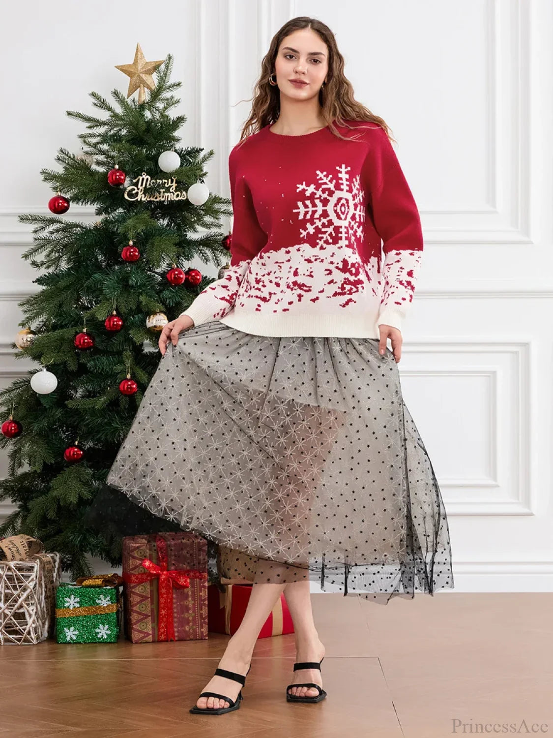 Classic Snowflake Christmas Tree Print Crew Neck Warm Pullover Christmas Sweater