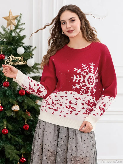 Classic Snowflake Christmas Tree Print Crew Neck Warm Pullover Christmas Sweater