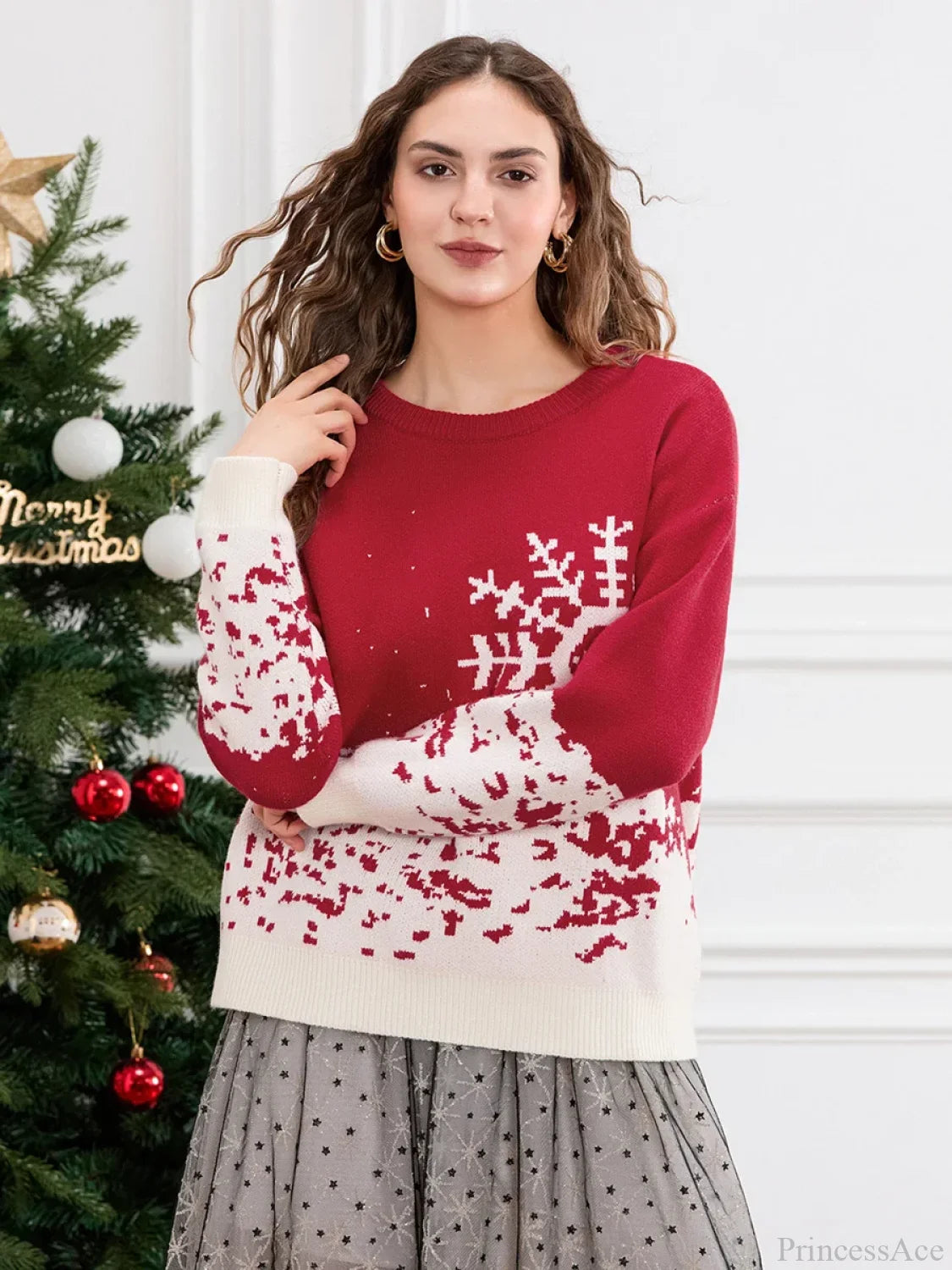 Classic Snowflake Christmas Tree Print Crew Neck Warm Pullover Christmas Sweater