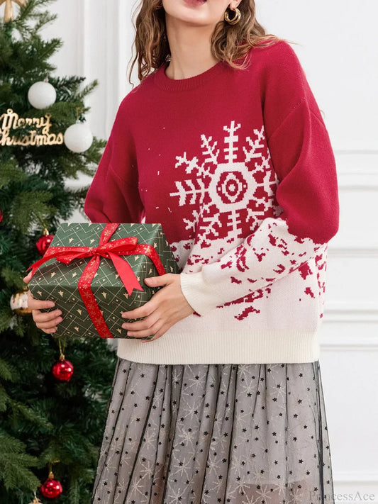 Classic Snowflake Christmas Tree Print Crew Neck Warm Pullover Christmas Sweater