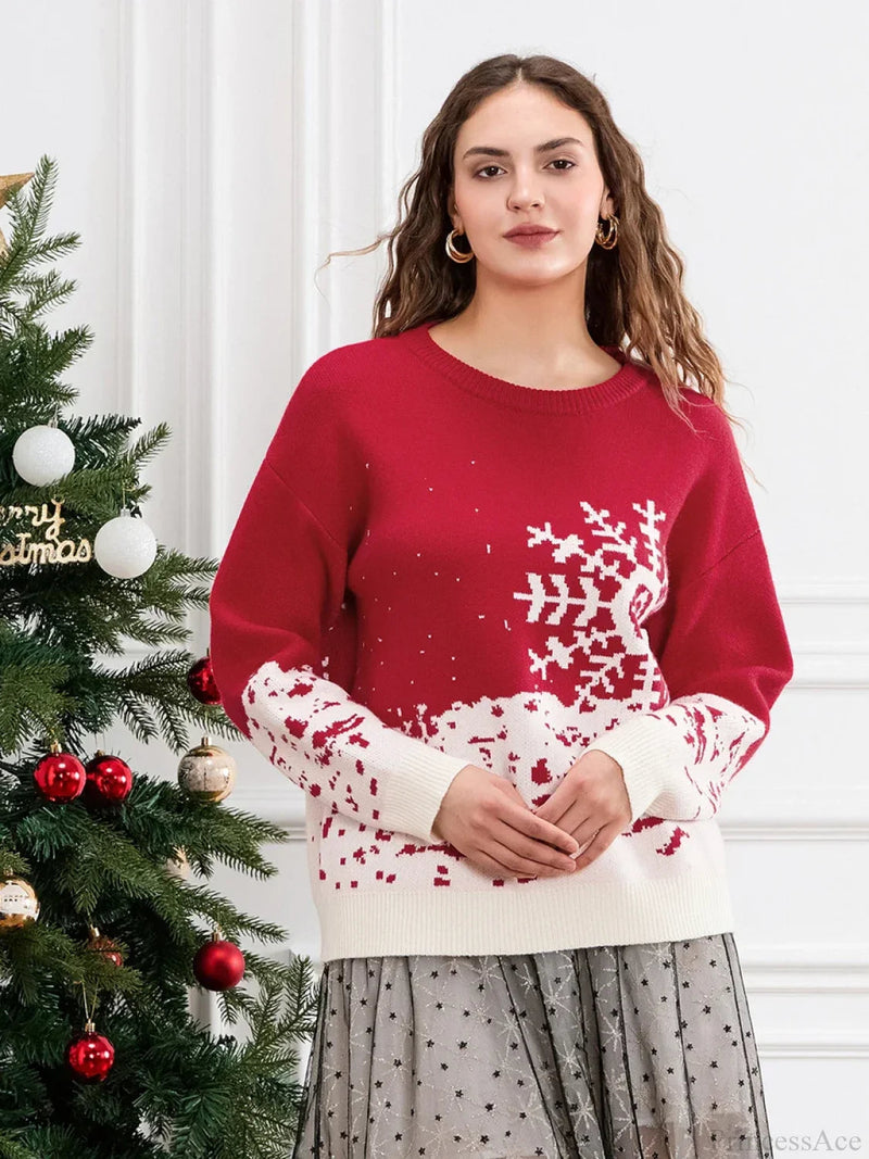 Classic Snowflake Christmas Tree Print Crew Neck Warm Pullover Christmas Sweater