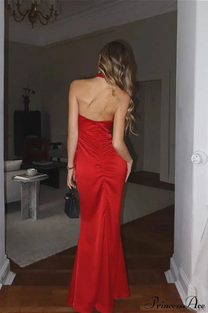 Classy Satin Sleeveless Halter Slim Mermaid Maxi Dress