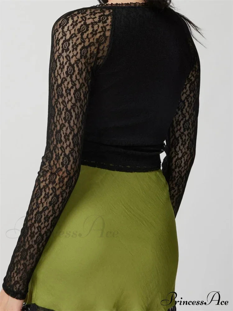 Clubwear V-neck Black Slim Lace Flower Mesh T-shirts