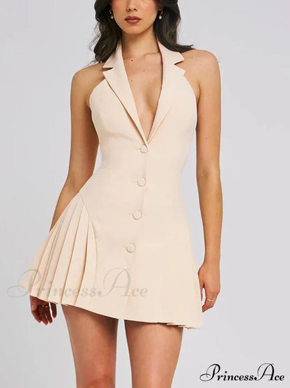 Collar Buttoned Backless Charming Suit Mini Dress