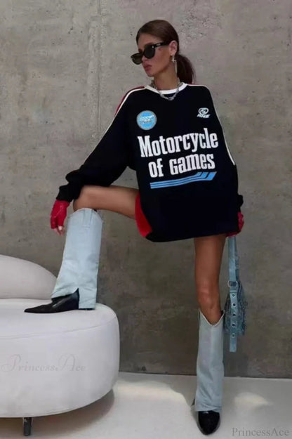 Collegiate Color-blocked Long Sleeve Crew Neck Relaxed Sweatshirt
