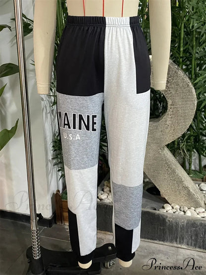 Color Block Jogger Letter Patchwork Print Knitting Slant Pocket Pants