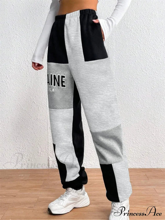 Color Block Jogger Letter Patchwork Print Knitting Slant Pocket Pants