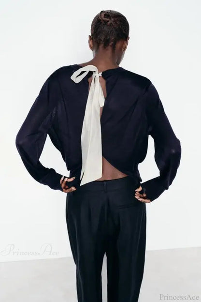 Color Contrasting Bow Bat Sleeve Cardigan