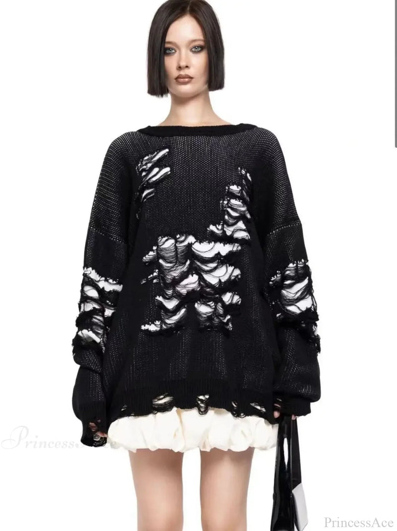 Colorblocking Torn Knit Pullover Sweater