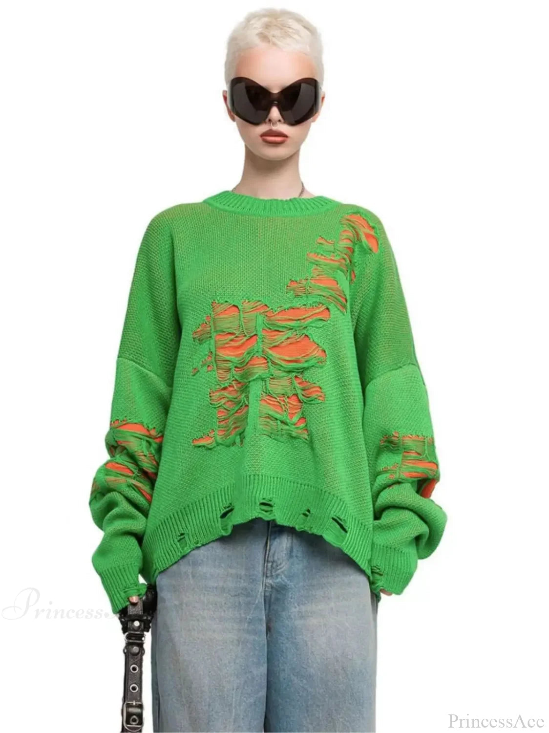 Colorblocking Torn Knit Pullover Sweater