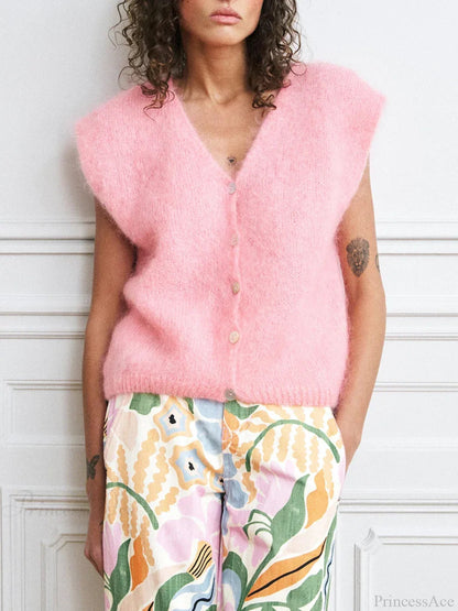 Colorful Furry Button-up Sleeveless Cardigan