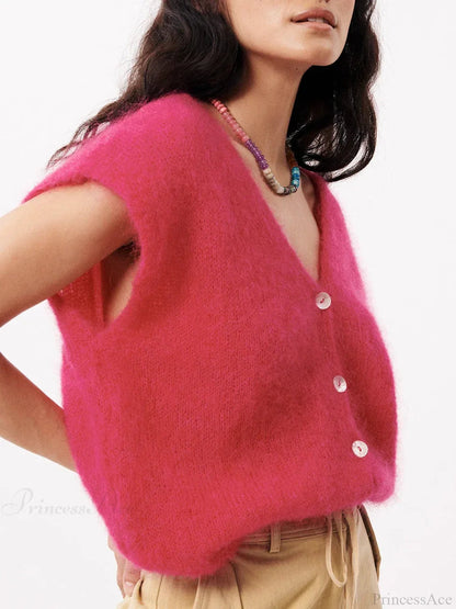 Colorful Furry Button-up Sleeveless Cardigan